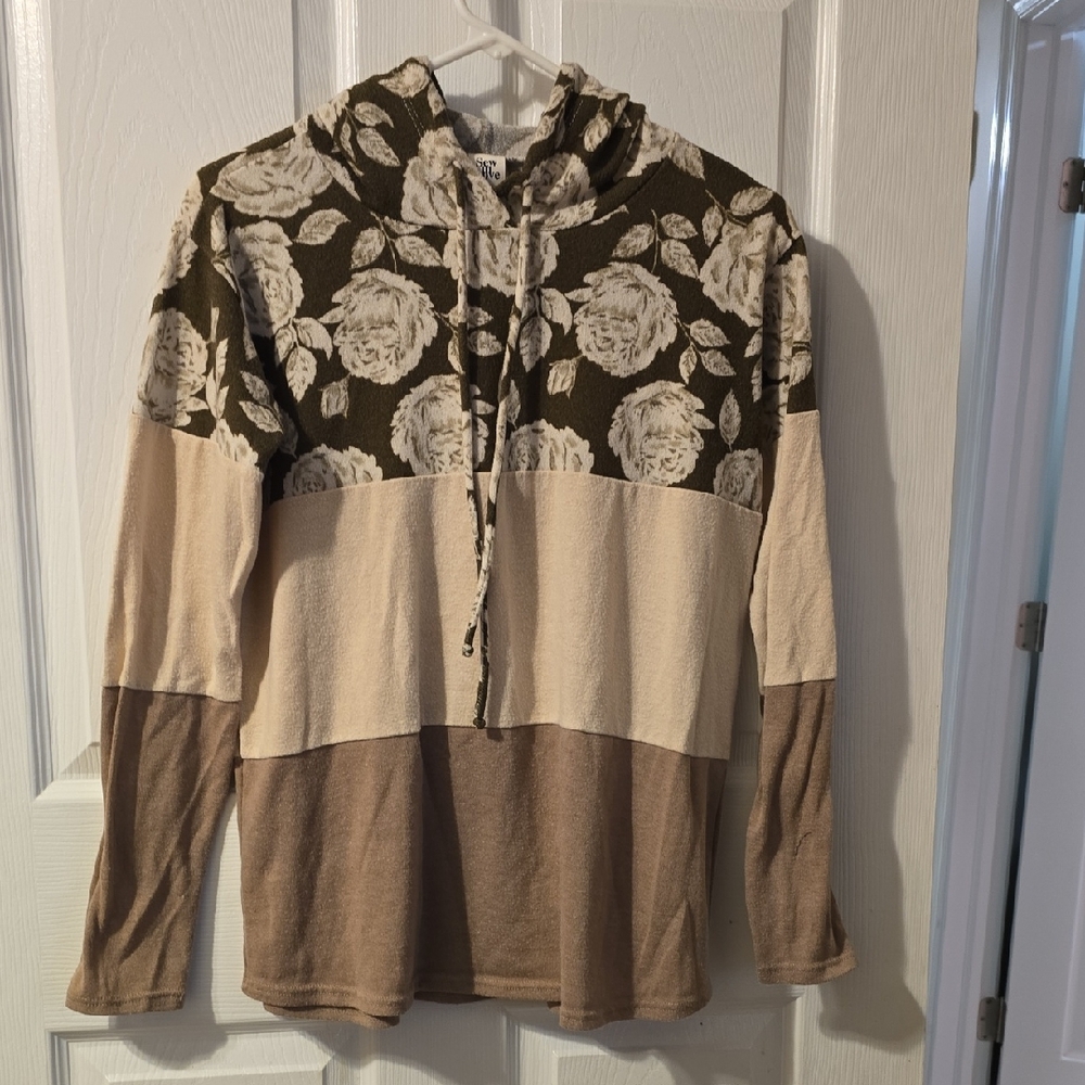 Sew In Love Cozy Knit Hoodie - Brown and Cream